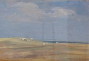 Edwin Alexander (1870-1926), Sheep in a landscape, initialled, oil on board, 25 x 36cm